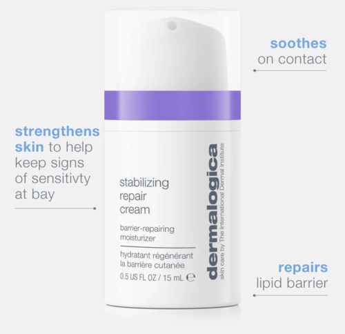 Eine weiße Flasche von dermalogica mit lila Band, die auf Hautvorteile wie Stärkung, Beruhigung und Reparatur fokussiert.