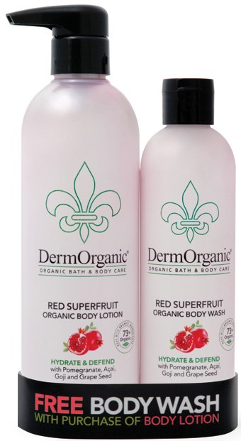 Two bottles of DermOrganic Red Superfruit organic body care products, one lotion and one wash, with pomegranate and goji details.
