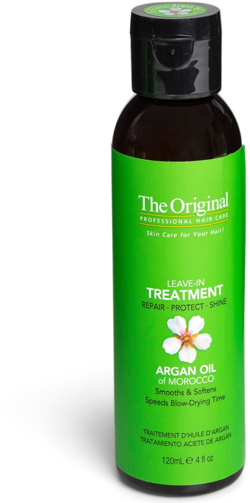 Green bottle of argan oil from Morocco, labeled for hair care, with a white flower illustration.