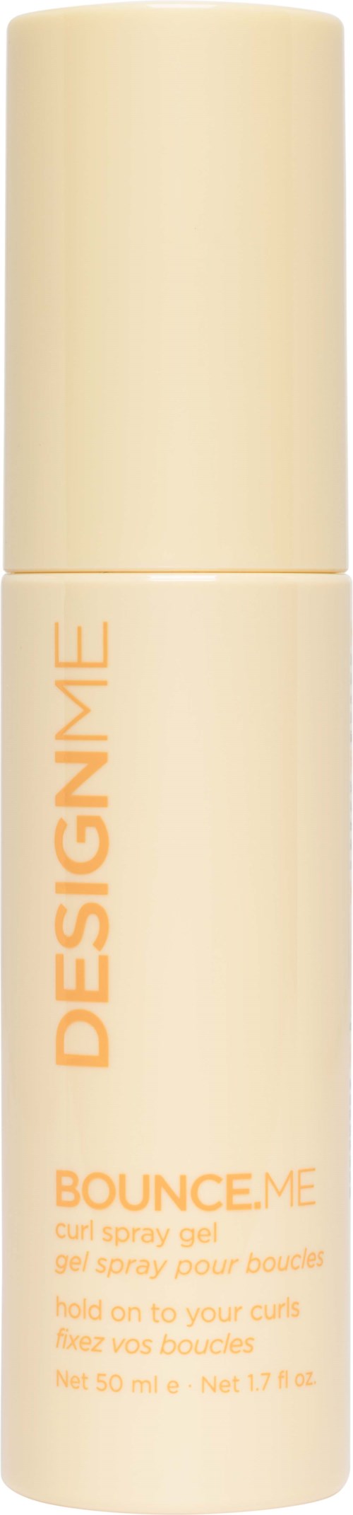 En krämfärgad sprayflaska med orange text som säger 'DESIGNME' och information om en bounce spray.