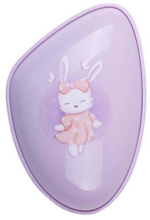 A cartoon bunny dressed in pink, with a bow, on a half-purple, half-transparent surface.