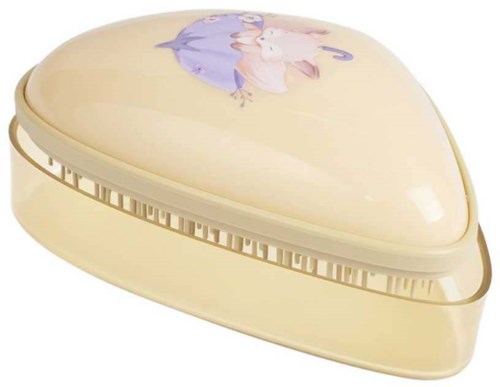 A beige plastic container shaped like a heart with a unicorn and rainbow design on top.