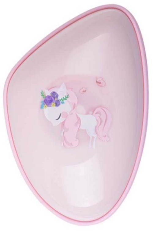 A pink, unicorn-themed plate with a decorative unicorn head and floral crown, designed for children.