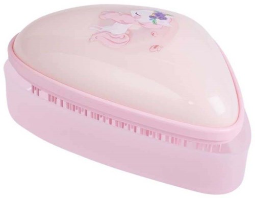 Pink heart-shaped container with a unicorn illustration on the lid.