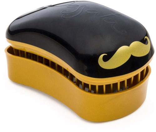A small, yellow, rounded box with a black lid and a yellow mustache design, likely a storage container.