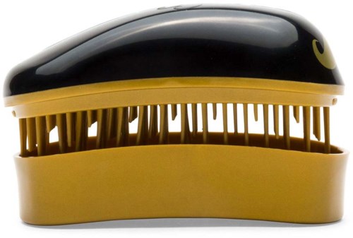A black and yellow grooming brush with many teeth, shaped like a ladybug.