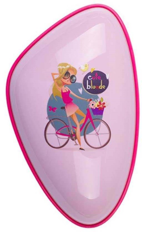 A pink plastic lunchbox with a cartoon girl riding a bicycle with flowers and a 'Cute Blossom' logo.