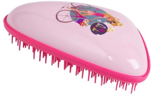Pink hairbrush with a colorful Princess design and pink bristles.
