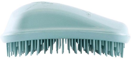 A light blue cleaning brush with soft bristles and a curved handle.