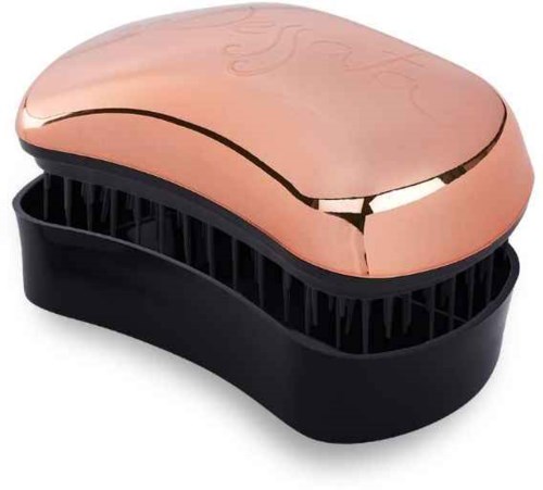 A black and rose gold makeup brush cleaner with a curved top and a ridged cleaning surface.