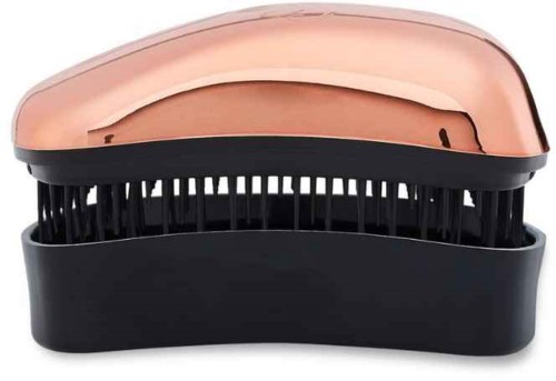 A hairbrush with a shiny, rose gold top and a black handle and base.