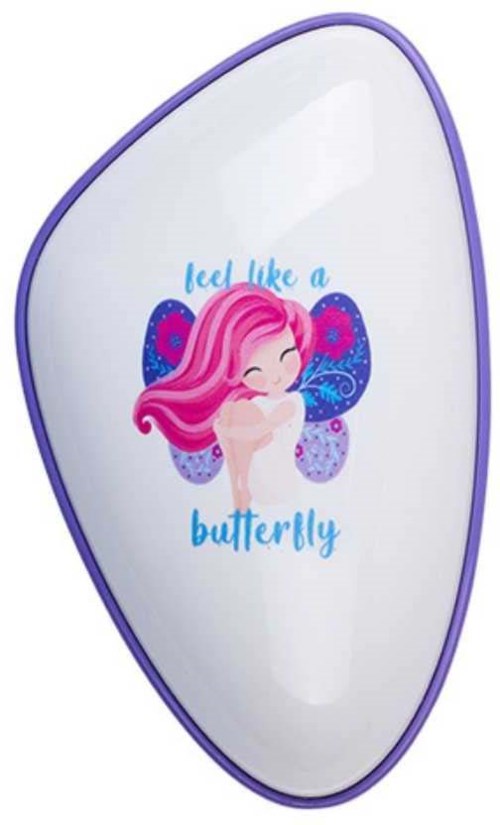 A mirror with a butterfly and a girl with pink hair. The mirror has a purple frame and text that says, "feel like a butterfly."