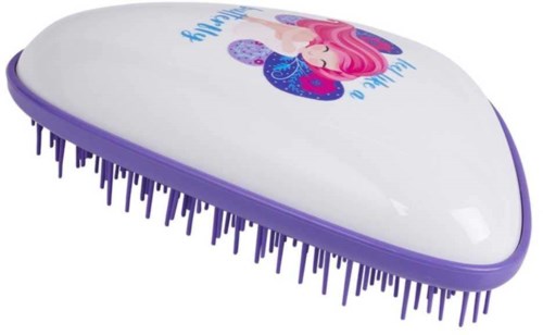 A hairbrush with a unicorn and rainbow design, purple handle, and bristles underneath.
