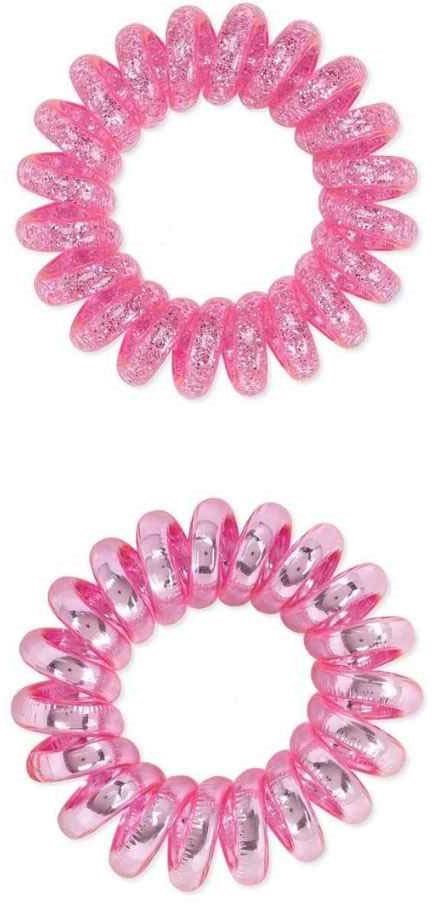 Two pink curly hair ties with shiny beads, one darker and one lighter in color.