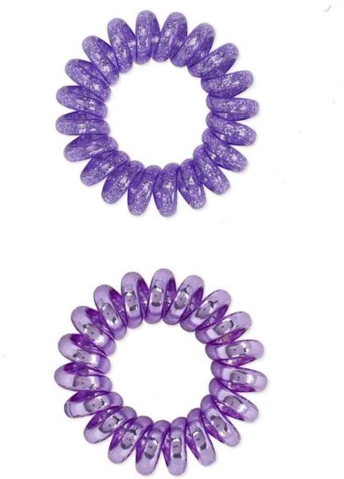 Two purple hair ties, one darker and one lighter, are coiled in circular shapes on a white background.