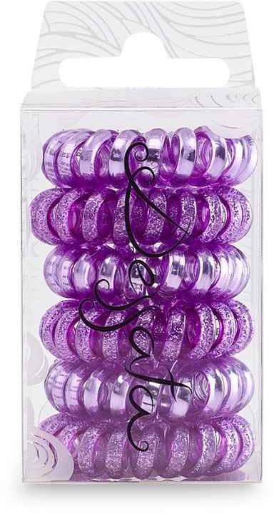 A pack of purple spiral hair bands with a black decorative script on the front.