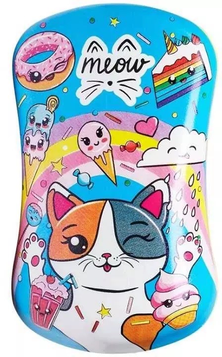 Colorful illustration featuring a cute cat with a wink, ice cream cones, donuts, clouds, and a rainbow.
