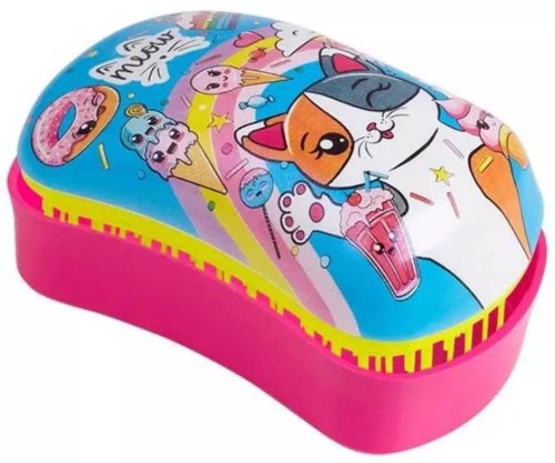 Colorful cartoon cat with ice cream on a blue background, inside a pink container.