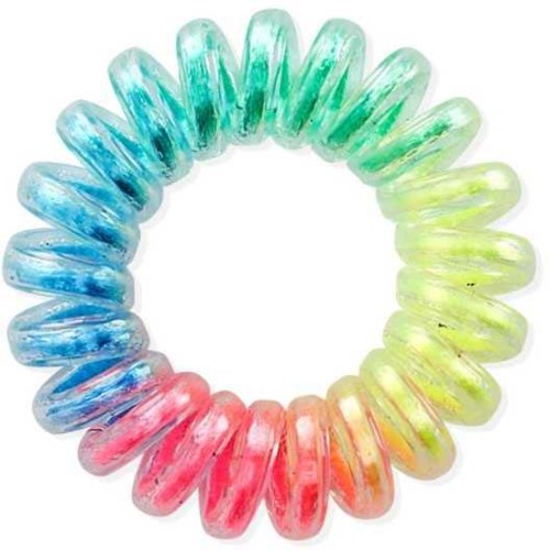 Colorful spiral hair tie with blue, pink, green, and yellow shades. Circular and made of flexible material.