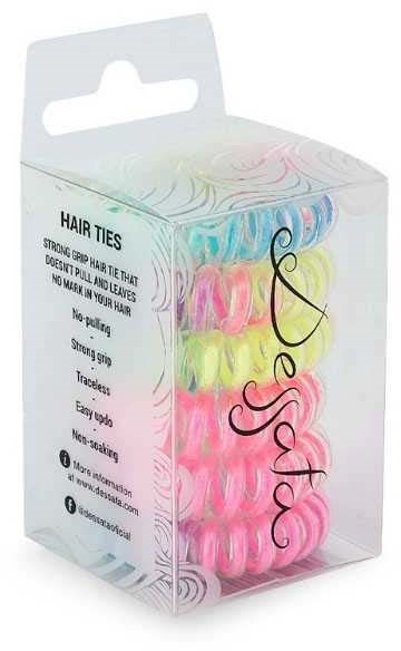 Colorful hair ties in pink, yellow, and blue inside a clear plastic box with a handle.