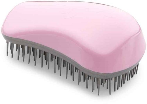 A pink and gray grooming brush with many small black bristles. It is used for cleaning or grooming animals.