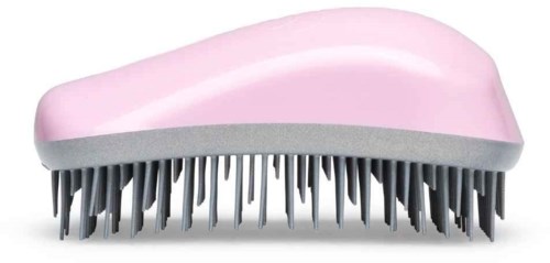 A pink and gray cleaning brush with soft bristles and a curved handle.