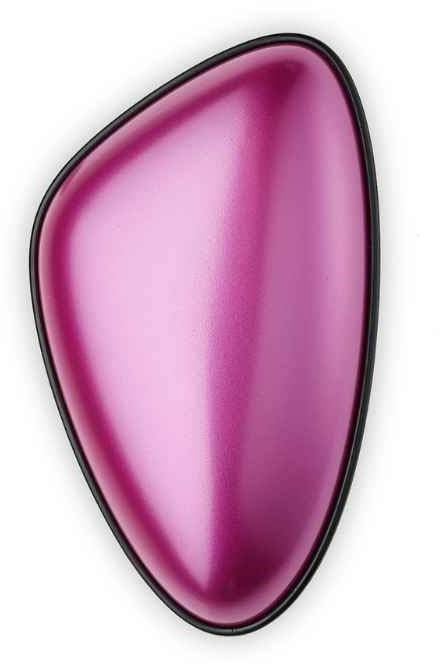 A sleek, purple, irregular-shaped object with a black outline, shiny surface and smooth texture.