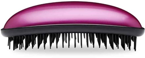 A hairbrush with a pink, shiny top and black bristles.