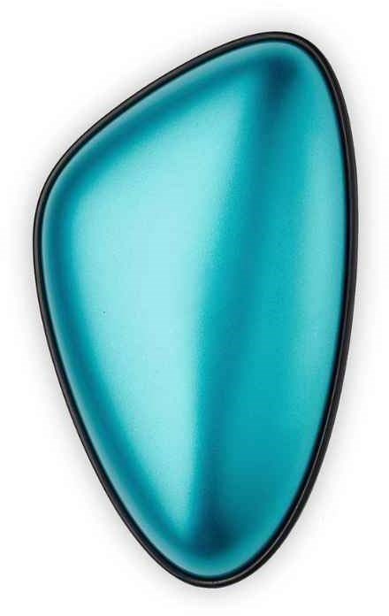 A shiny blue car side mirror with a black border, rounded shape, and smooth surface.