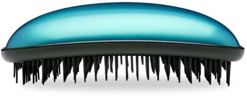 A grooming brush with a blue top and black bristles, designed for hair or pets.