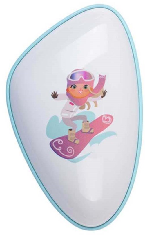 A cartoon girl wearing goggles snowboarding on a purple, pink, and blue board.