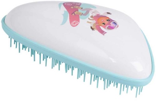 A hairbrush with a Unicorn design on top and blue bristles.