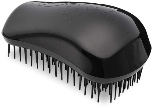 A black hairbrush with a shiny surface and many combing teeth.