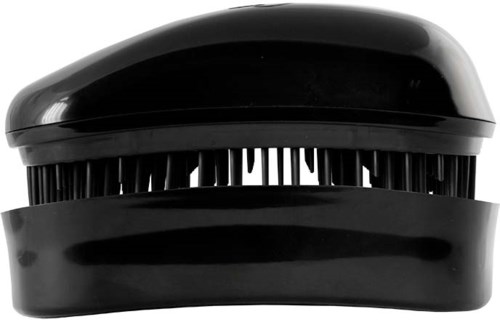 A black grooming brush with a rounded top and many bristles, used for hair or pet grooming.