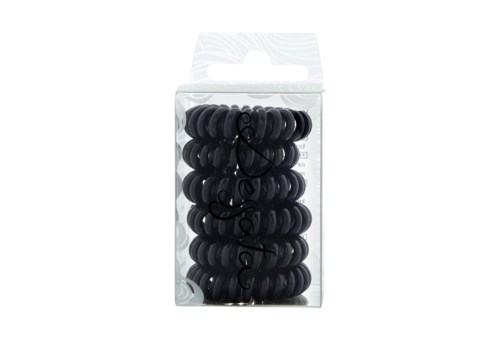 A pack of black hair ties, arranged in rows inside a clear plastic box with a hook for display.