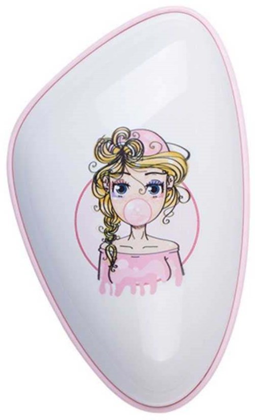 A mirror features an illustration of a girl with a braid, curly hair, and a distressed expression. It has a pink border.