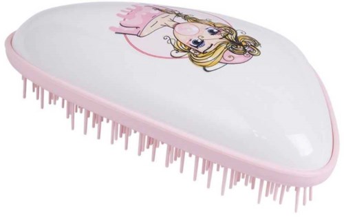 A pink and white hairbrush with a cartoon girl wearing glasses on the top surface.