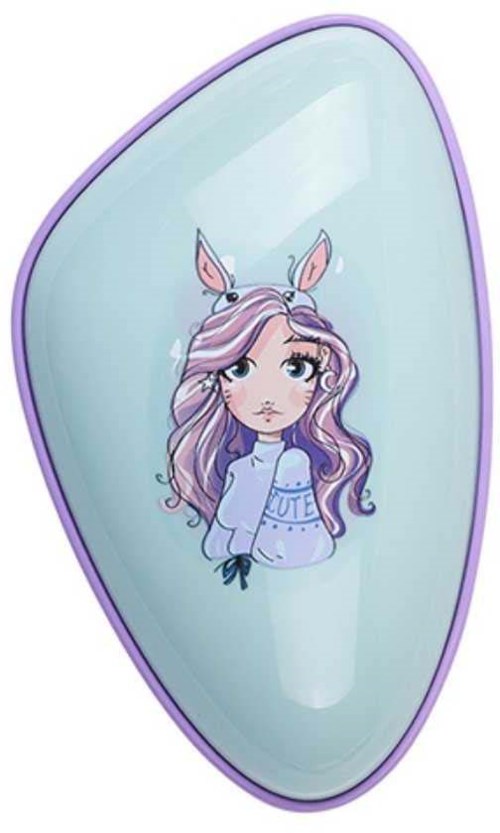 A girl with purple hair and animal ears looks at herself in an oval mirror.
