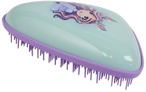 A mint green brush with a purple handle and purple bristles, featuring a unicorn design on top.