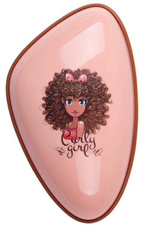 A pink oval mirror features a girl with curly hair, big eyes, a pink bow, and the words "Curly Girl".