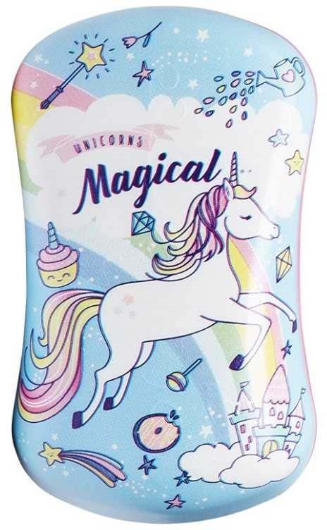 A colorful illustration with a unicorn, castle, rainbow, stars, and magical objects. The text says "Unicorns Magical."