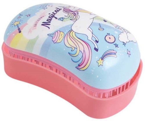 A pink heart-shaped box with a unicorn and rainbow illustration, including stars, clouds, and a cake. The word 'Magical' is on it.