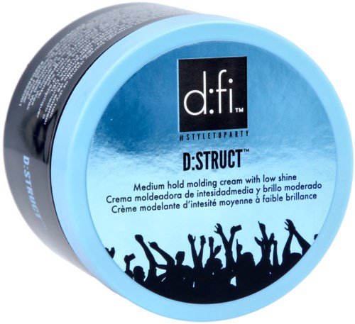 Ein runder Behälter mit Haarstylingcreme, beschriftet D:STRUCT mit tanzenden Silhouetten am Boden.