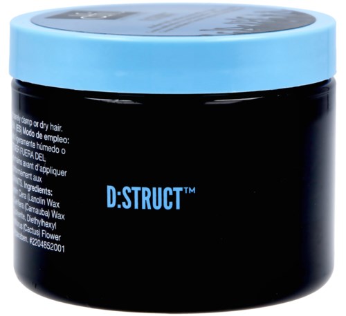 Kleine schwarze Dose mit blauem Deckel, beschriftet D:STRUCT, für Haarstyling.