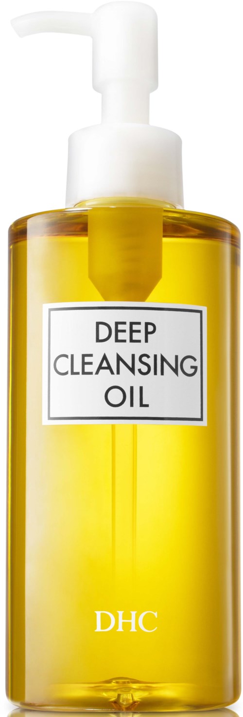 A clear bottle with yellow oil, white pump, label says 'Deep Cleansing Oil,' brand DHC.