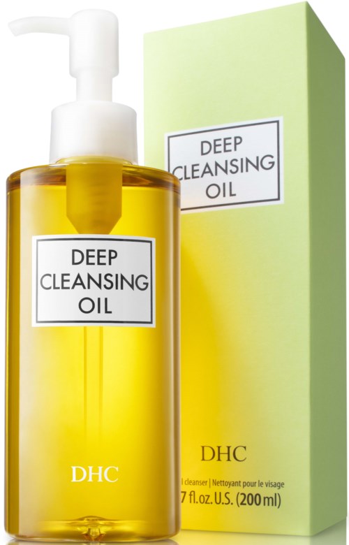 A yellow bottle with a pump and a box behind it, labeled "Deep Cleansing Oil" and "DHC."