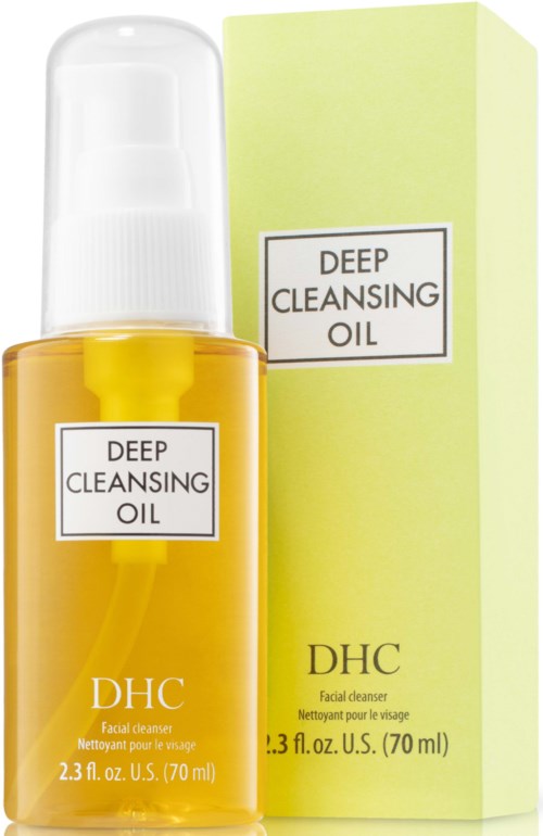 En gul flaska som heter 'Deep Cleansing Oil' bredvid en ljusgrön förpackning med samma label.