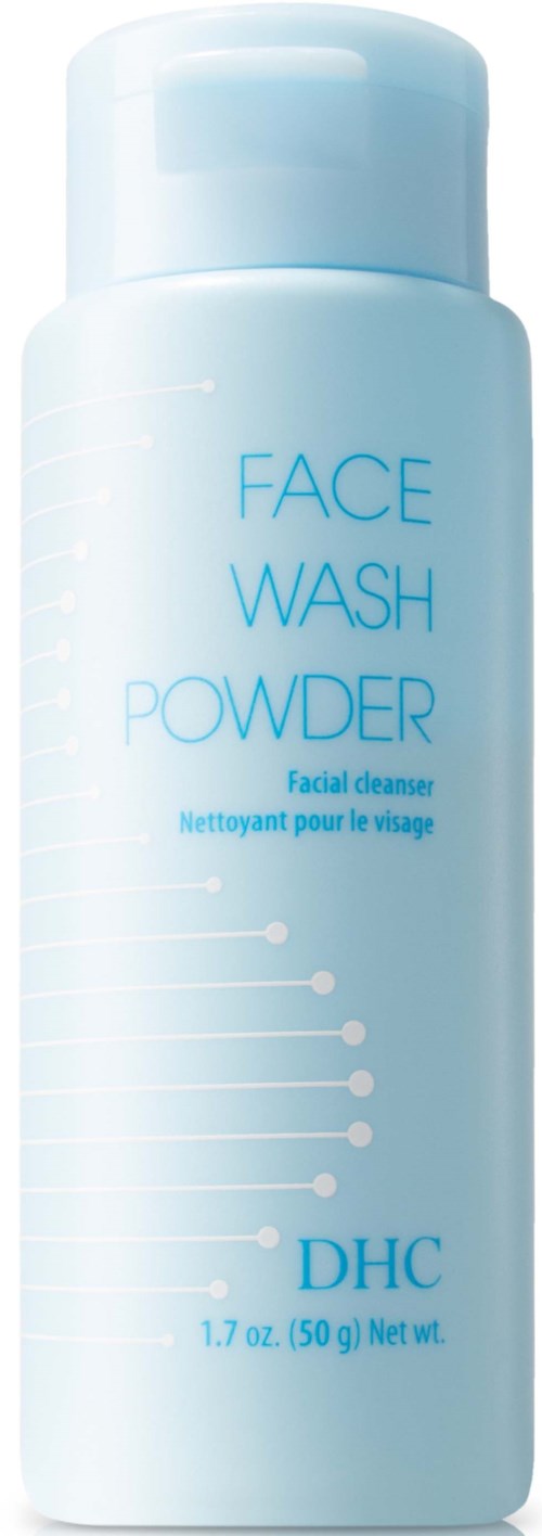 A light blue container of face wash powder, labeled as facial cleanser by DHC, 1.7 ounces.