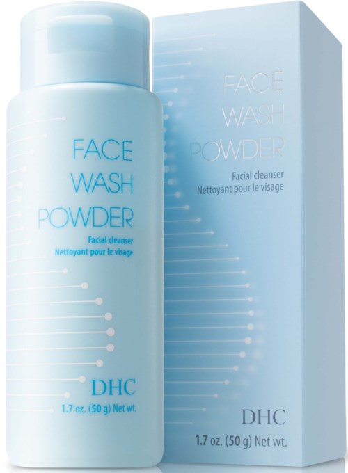 A light blue bottle and box of face wash powder, labeled with brand DHC and product details.
