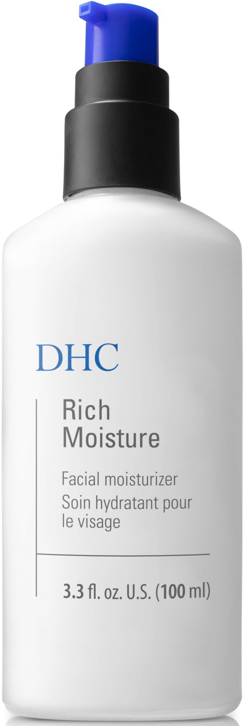 A white bottle with a black pump, blue cap, labeled as DHC Rich Moisture facial moisturizer, 100 ml.